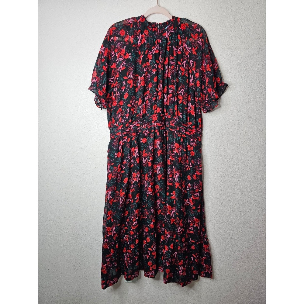 Draper James Floral Mock Neck Smocked Waist Midi Dress XXL Black Red Pink Fairy